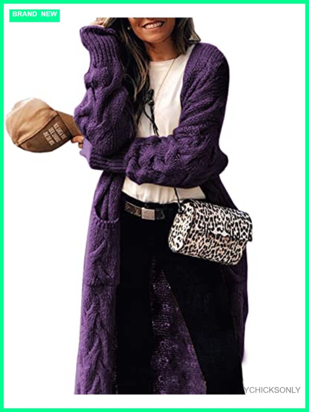 Women's Long Cardigan Sweater Chunky Cable Knit Open Front with Pockets